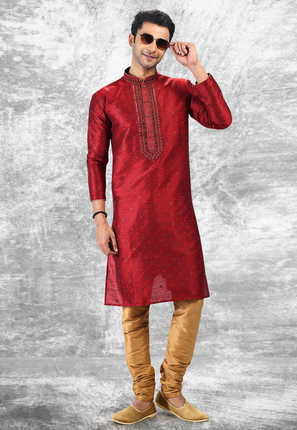 Maroon Jacquard Silk Kurta Pajama 258705