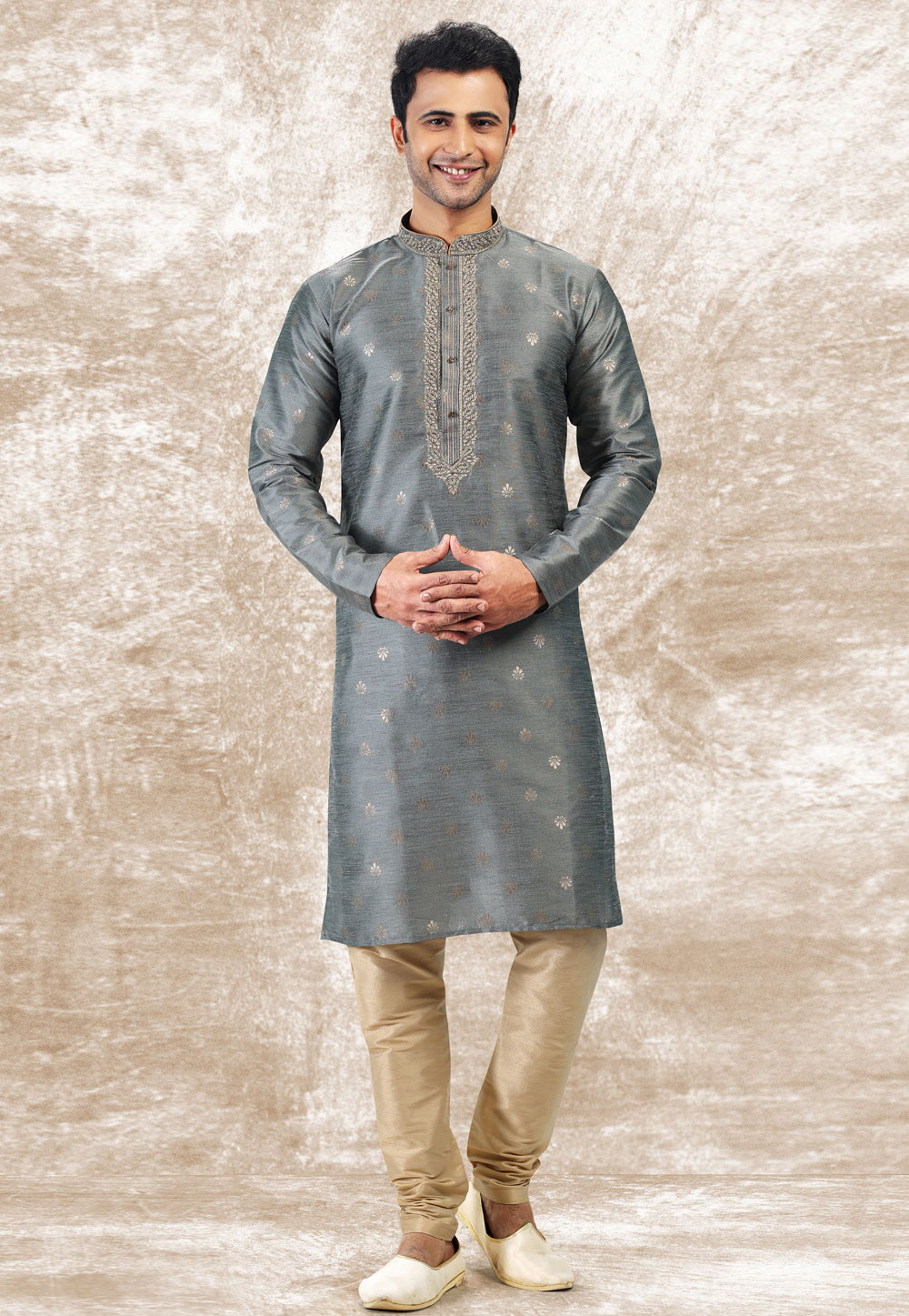 Grey Jacquard Silk Kurta Pajama 258706
