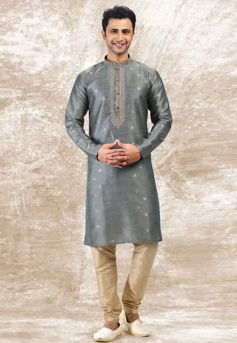 Grey Jacquard Silk Kurta Pajama 258706