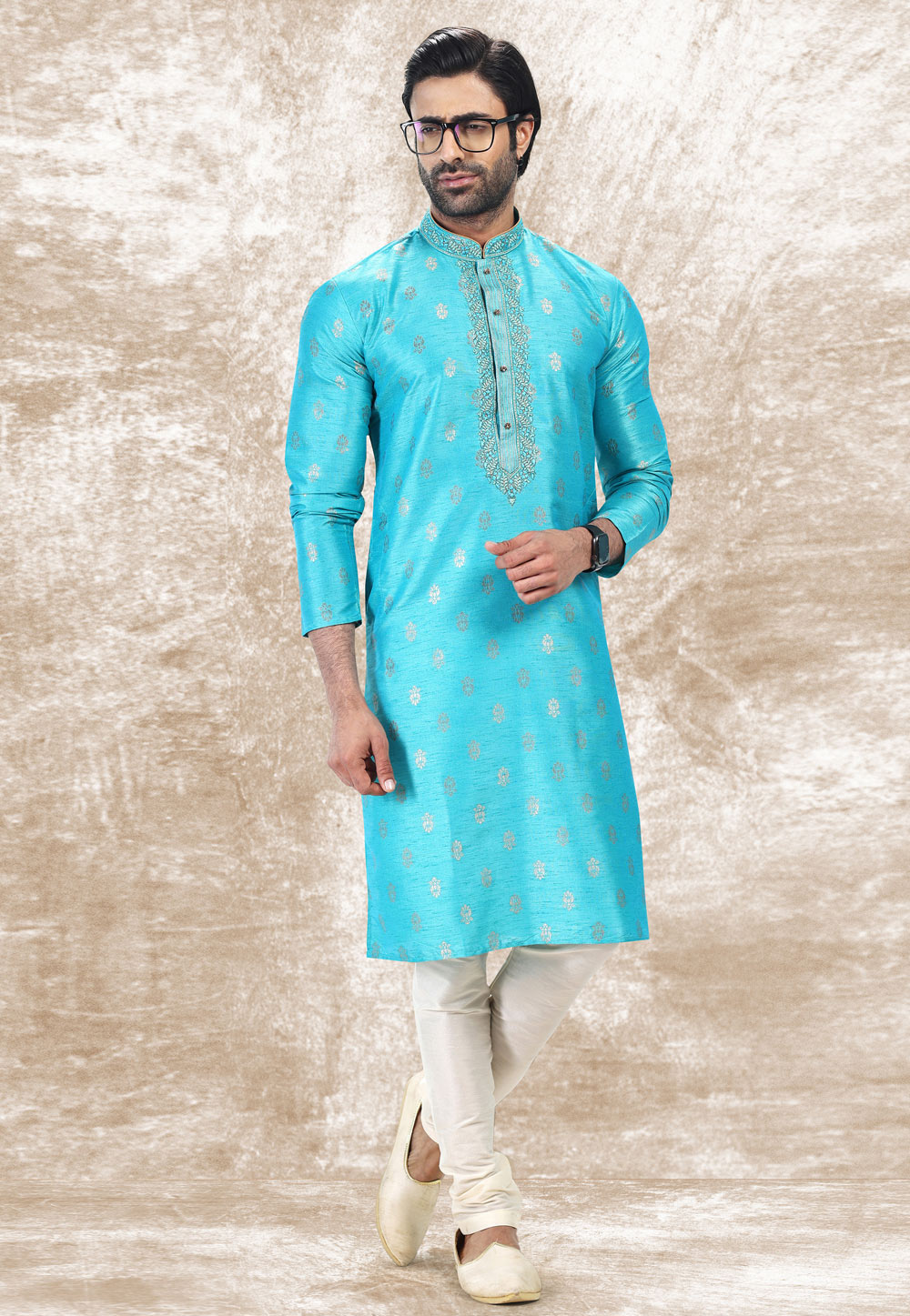 Sky Blue Jacquard Silk Kurta Pajama 258708