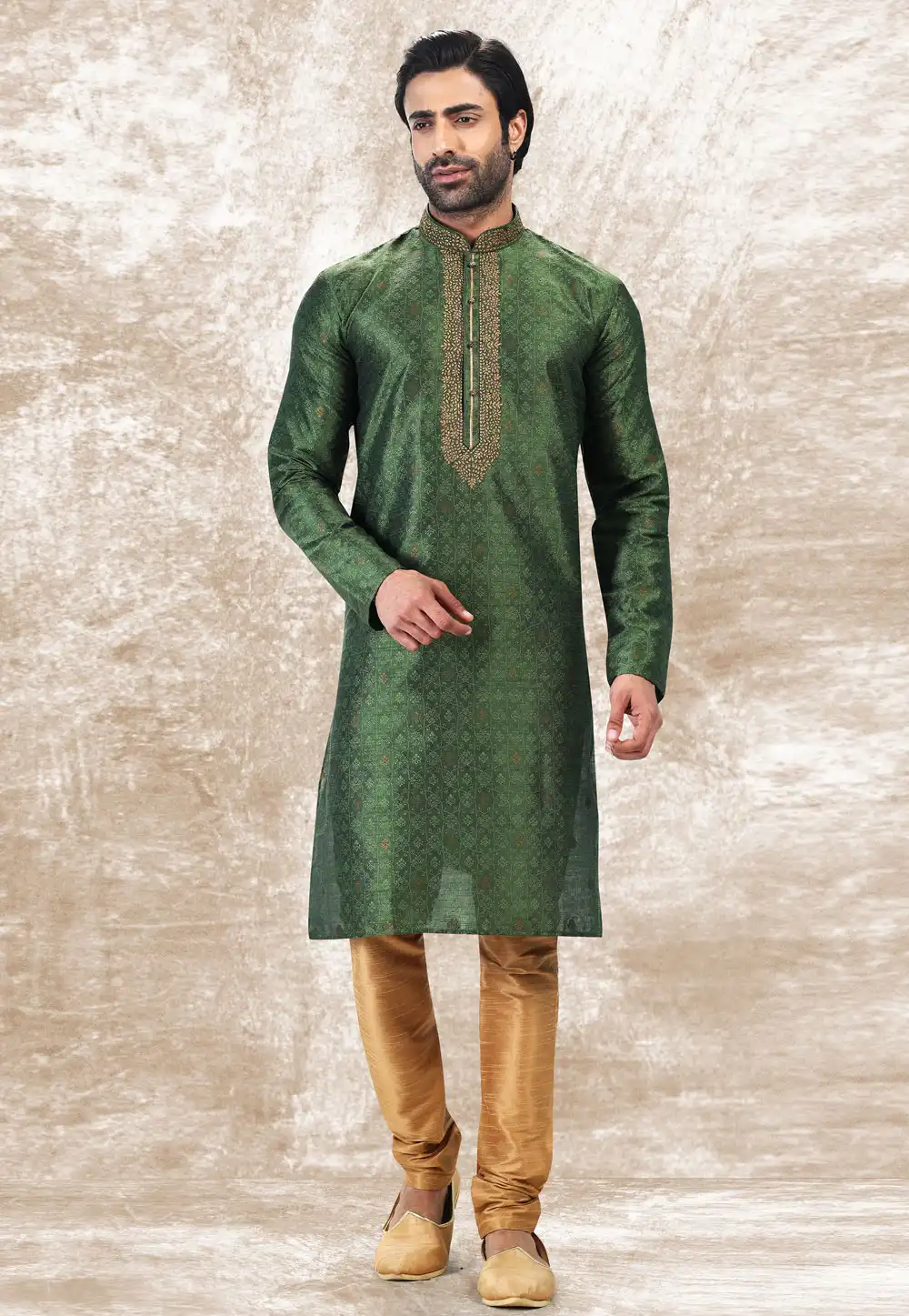 Green Jacquard Silk Kurta Pajama 258710