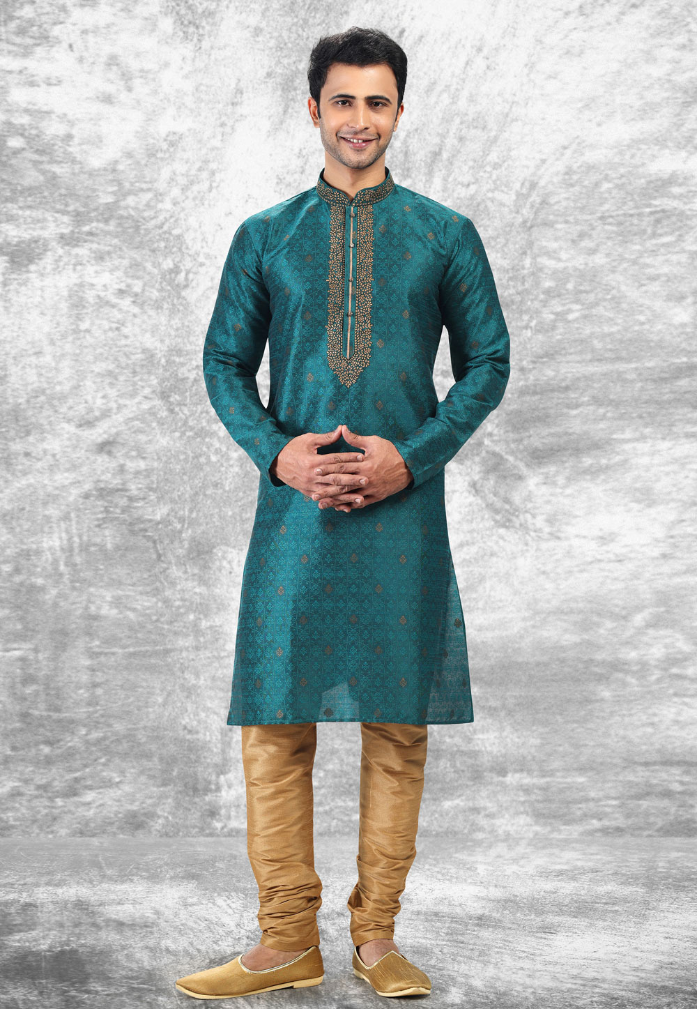 Teal Jacquard Silk Kurta Pajama 258711