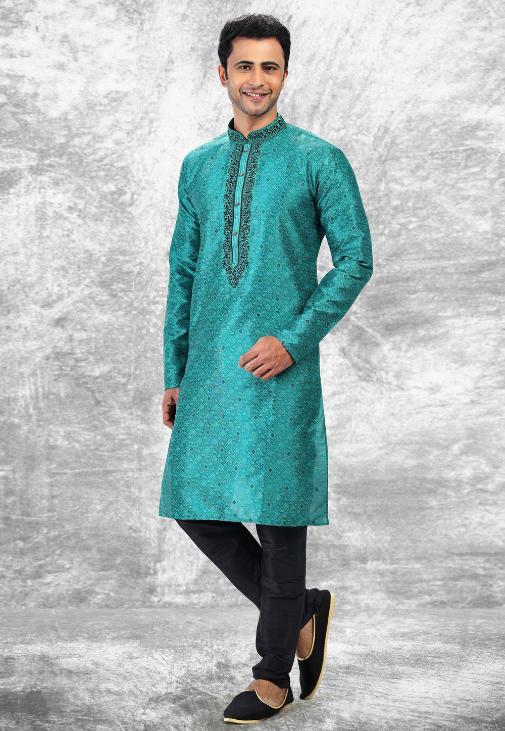 Teal Jacquard Silk Kurta Pajama 258713