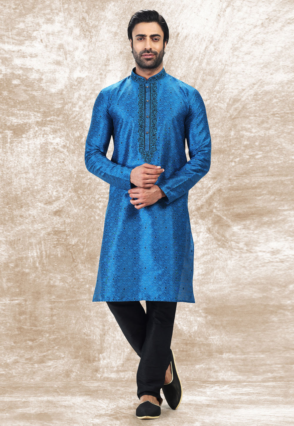 Blue Jacquard Silk Kurta Pajama 258714