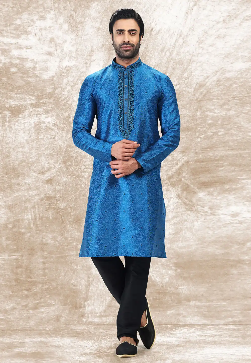 Blue Jacquard Silk Kurta Pajama 258714