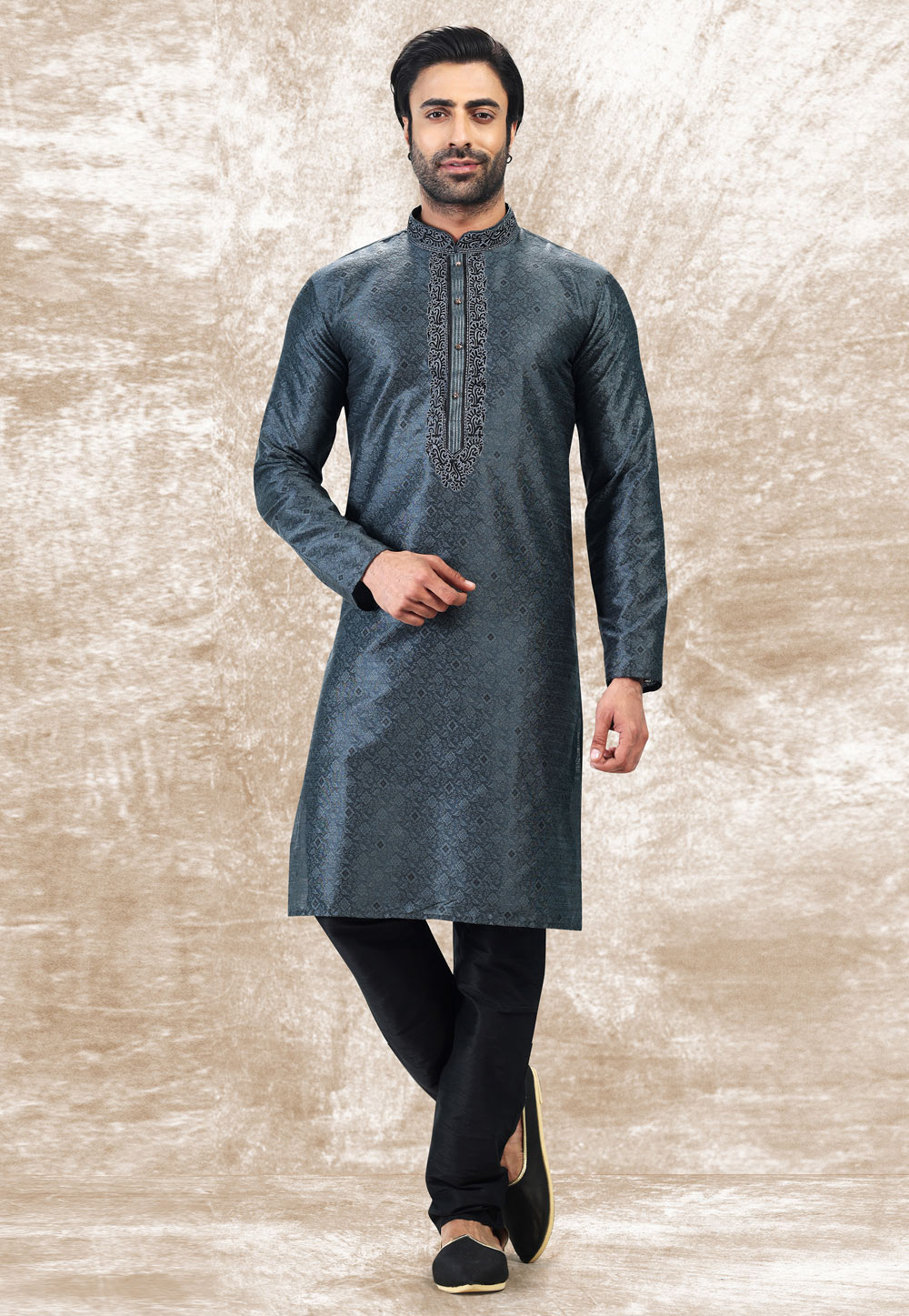 Grey Jacquard Silk Kurta Pajama 258716