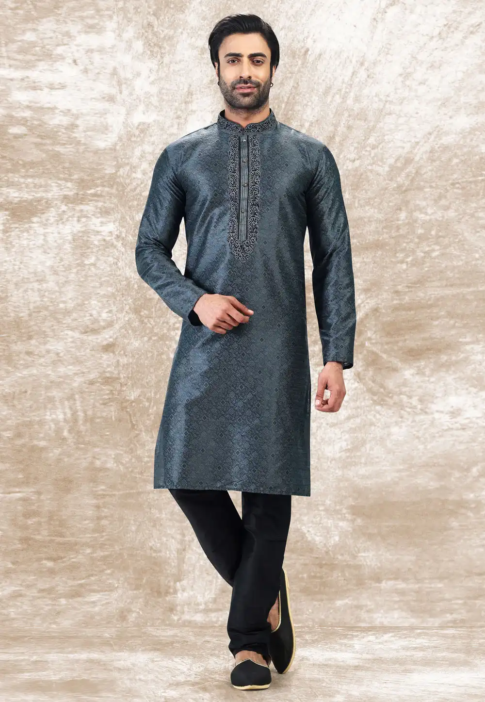 Grey Jacquard Silk Kurta Pajama 258716