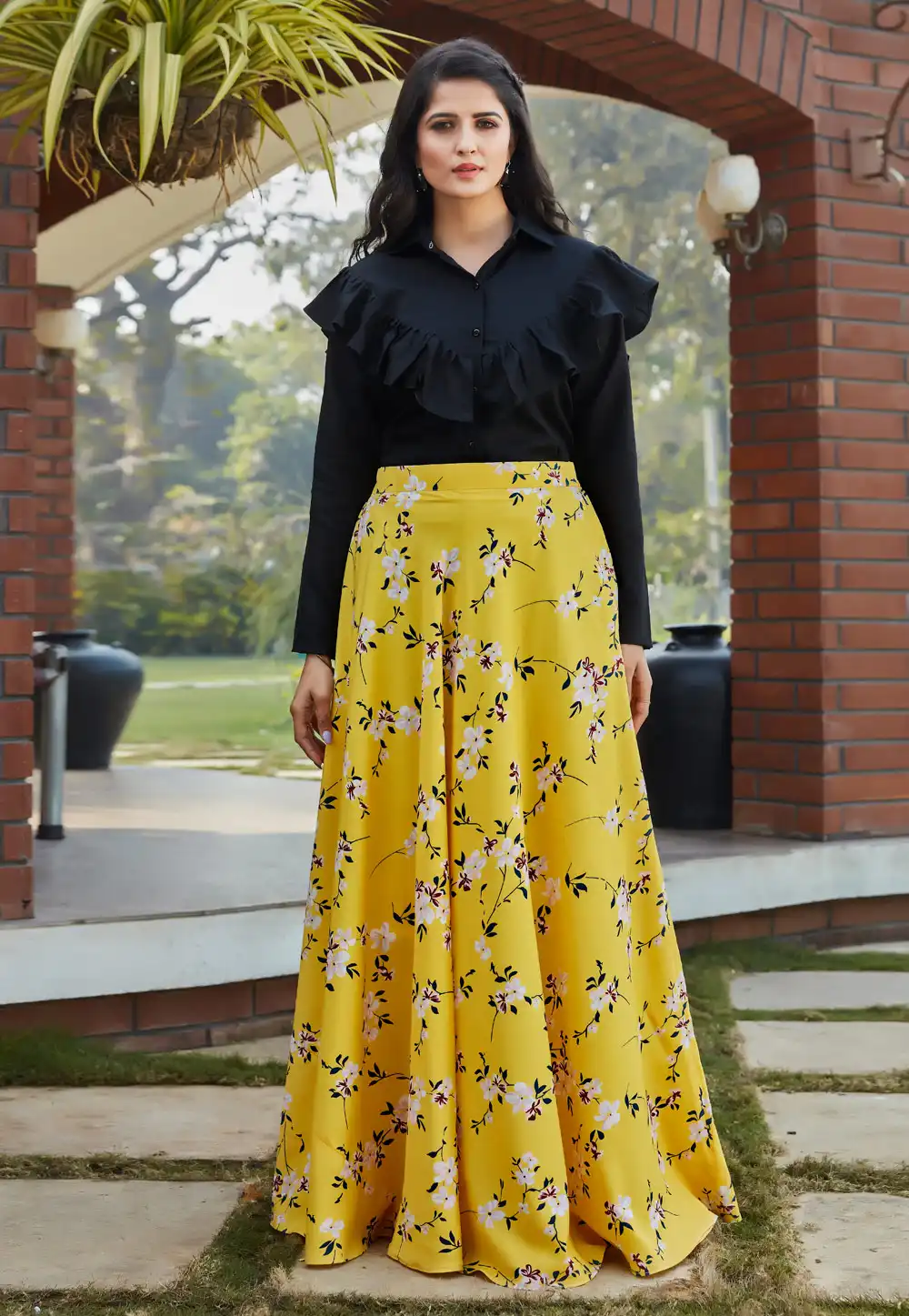 Yellow Crepe Silk Floral Crop Top Lehenga 217613