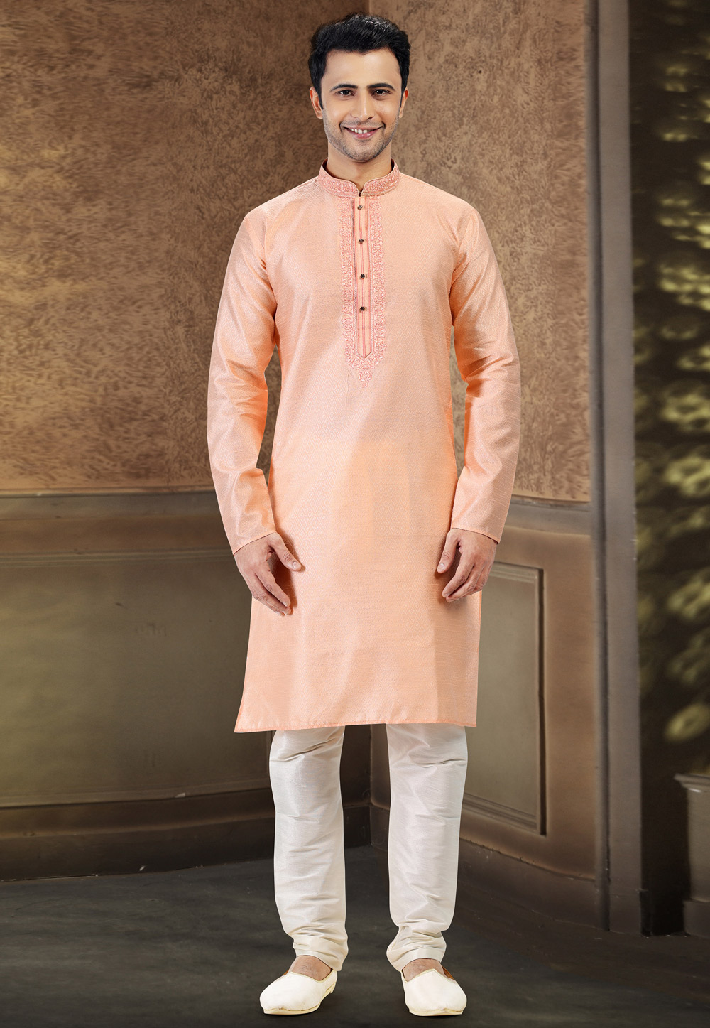 Peach Jacquard Kurta Pajama 258860