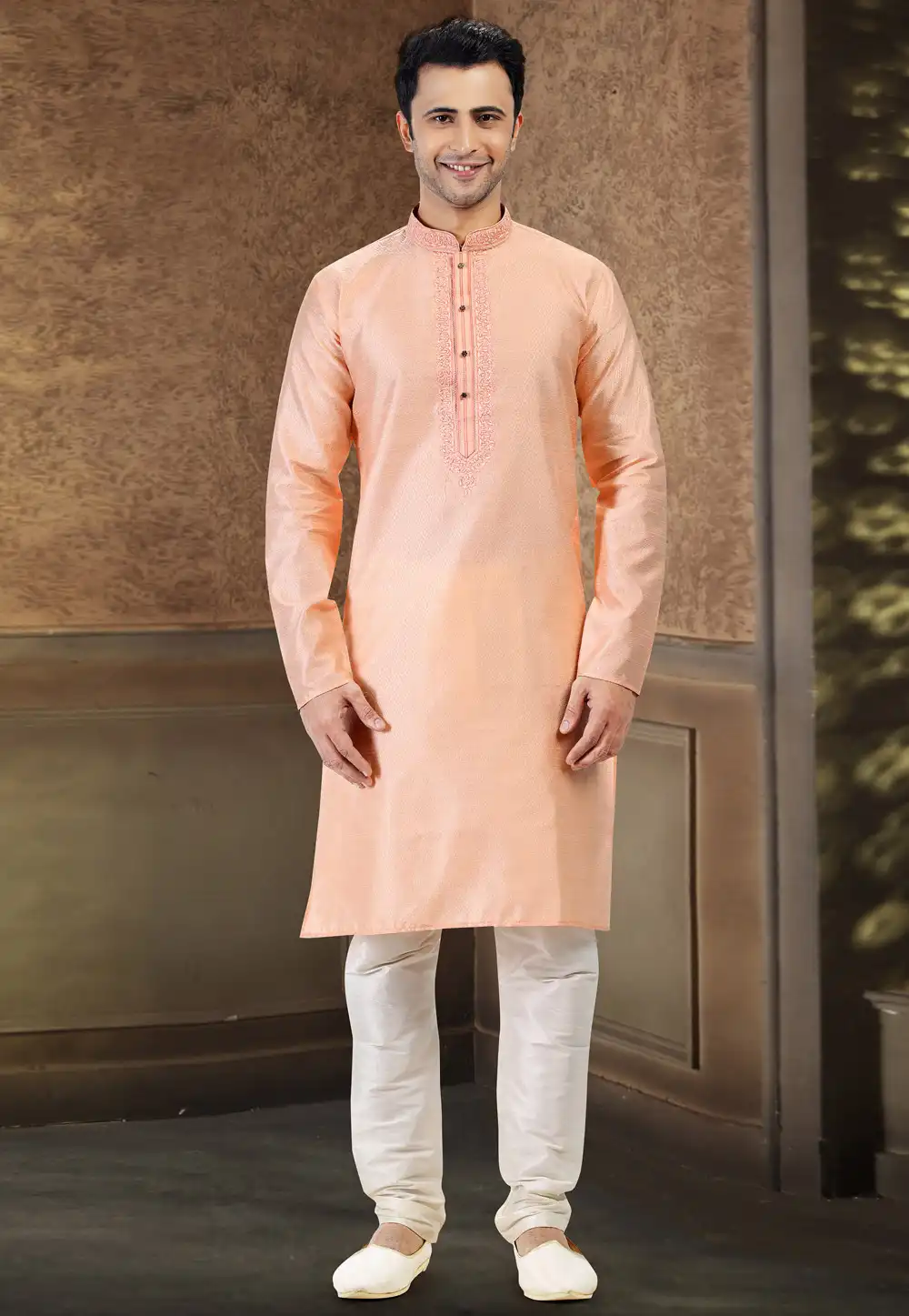 Peach Jacquard Kurta Pajama 258860