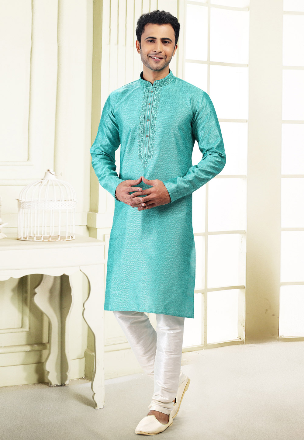 Sky Blue Jacquard Kurta Pajama 258861