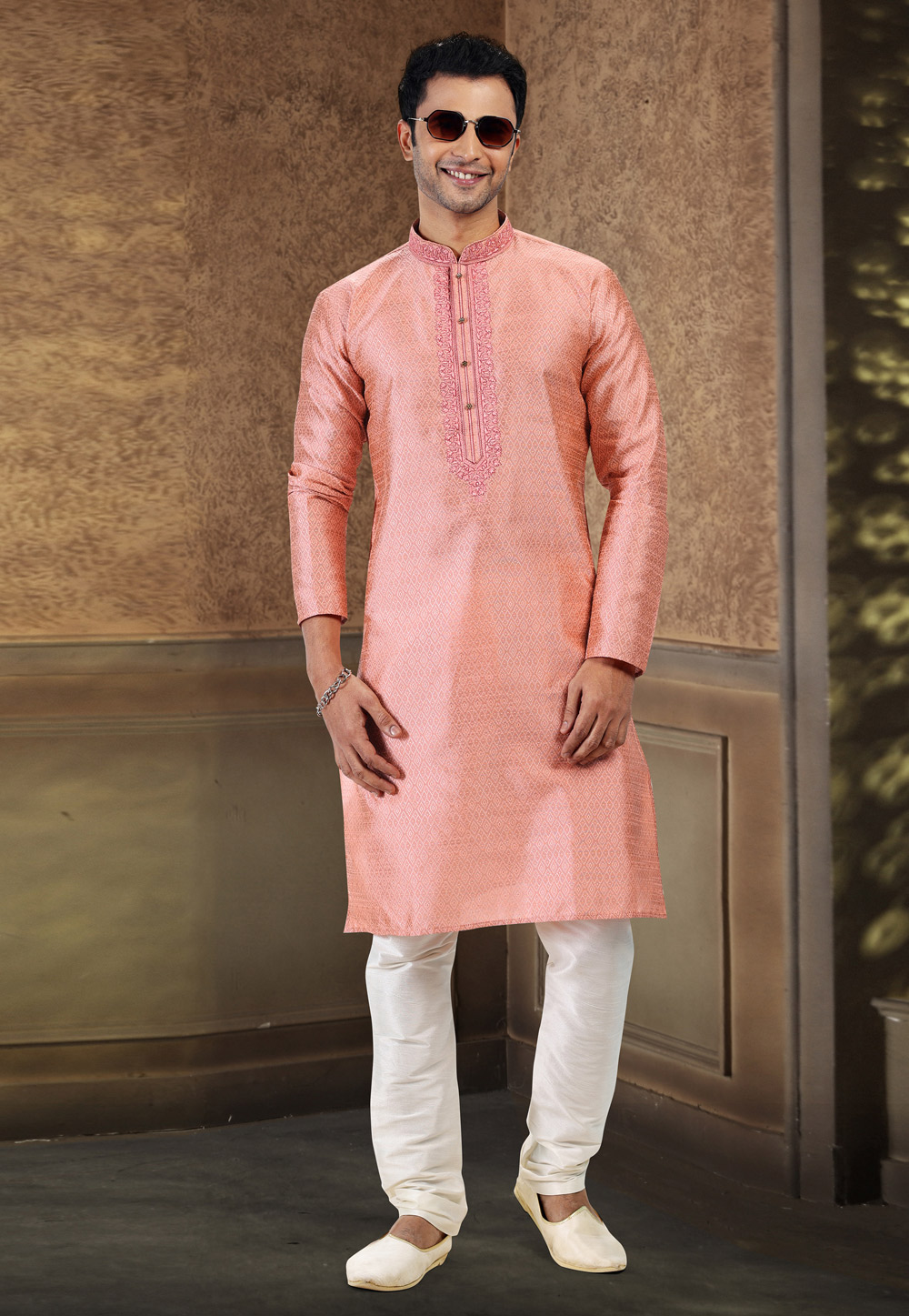 Pink Jacquard Kurta Pajama 258862