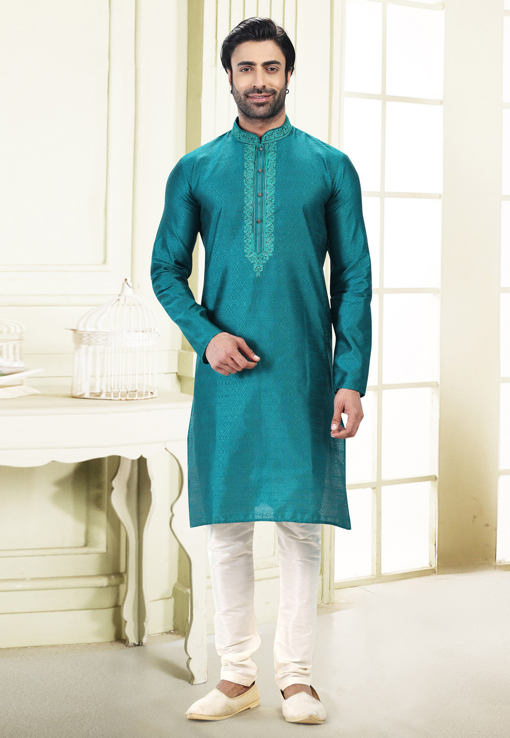 Teal Jacquard Kurta Pajama 258863