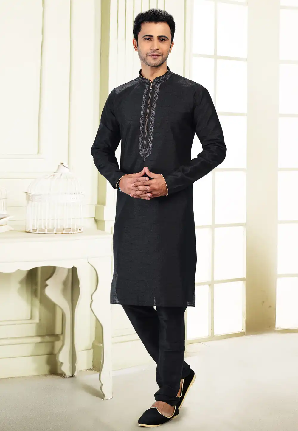 Black Jacquard Kurta Pajama 258868