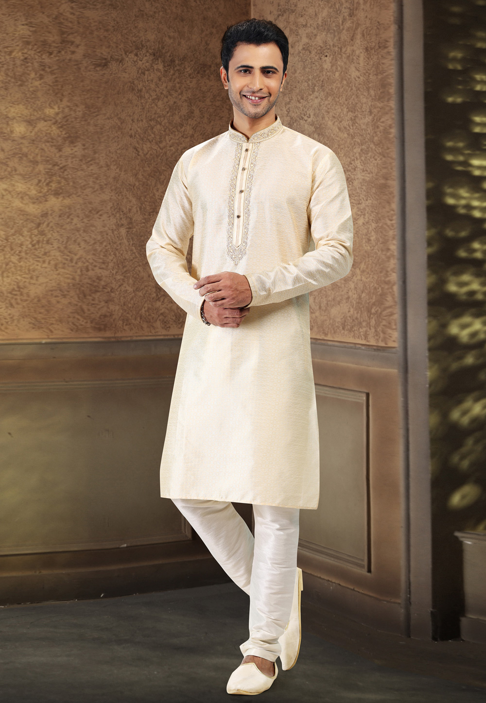 Cream Jacquard Kurta Pajama 258869