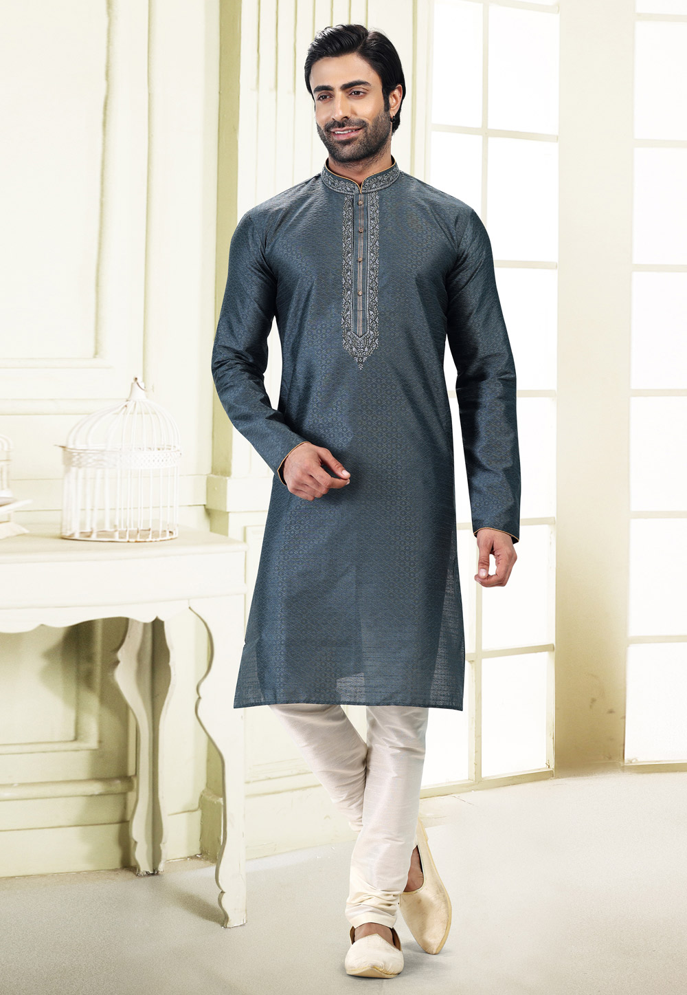 Grey Jacquard Kurta Pajama 258871
