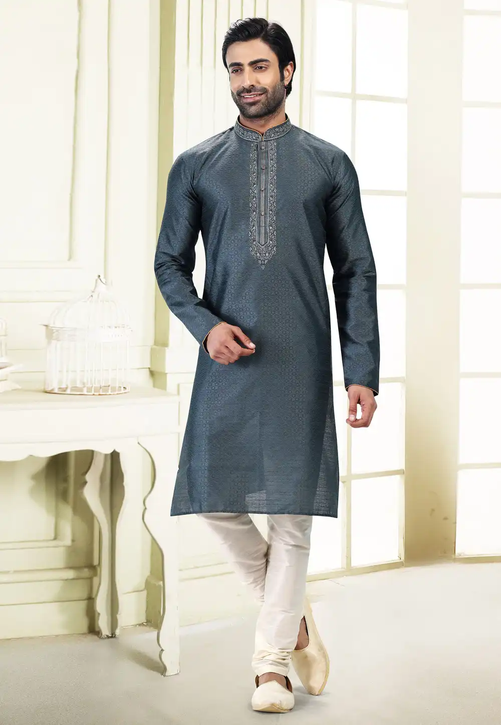 Grey Jacquard Kurta Pajama 258871