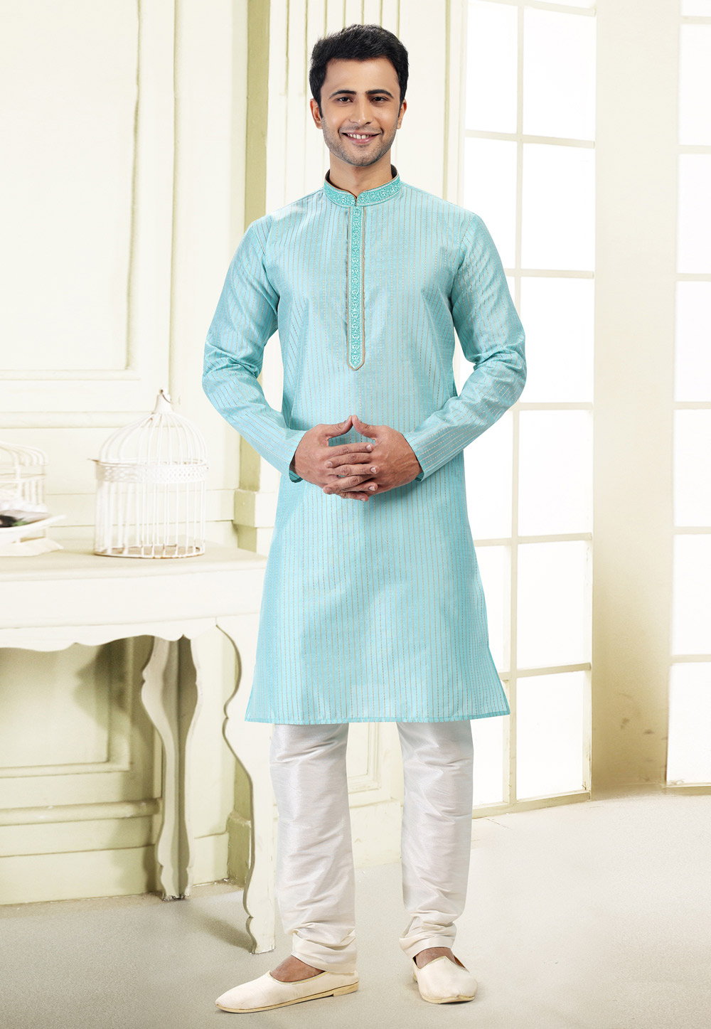 Sky Blue Jacquard Kurta Pajama 258873