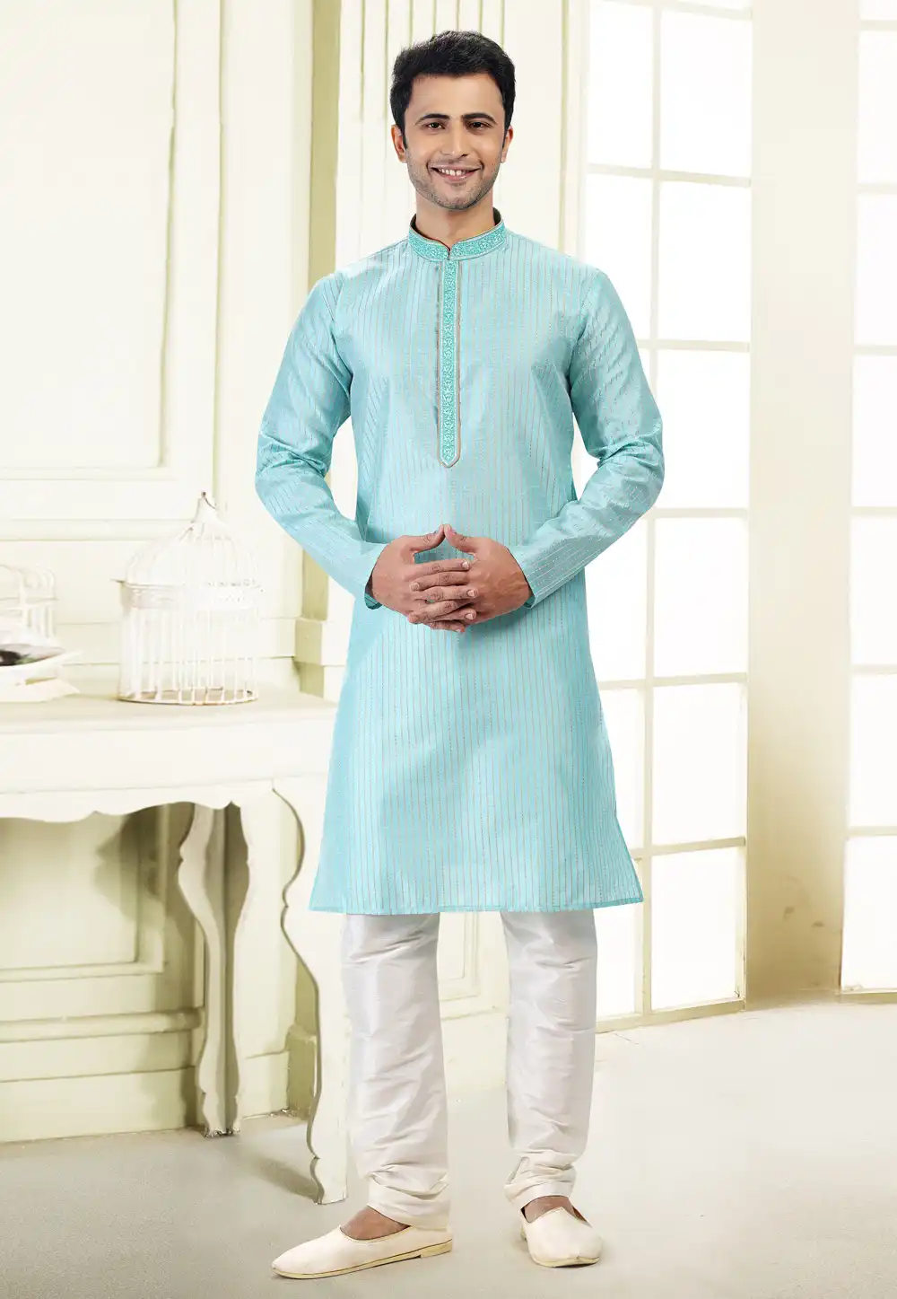Sky Blue Jacquard Kurta Pajama 258873
