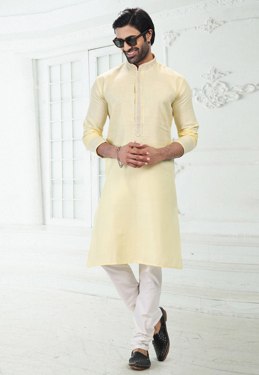 Light Yellow Linen Kurta Pajama 258851