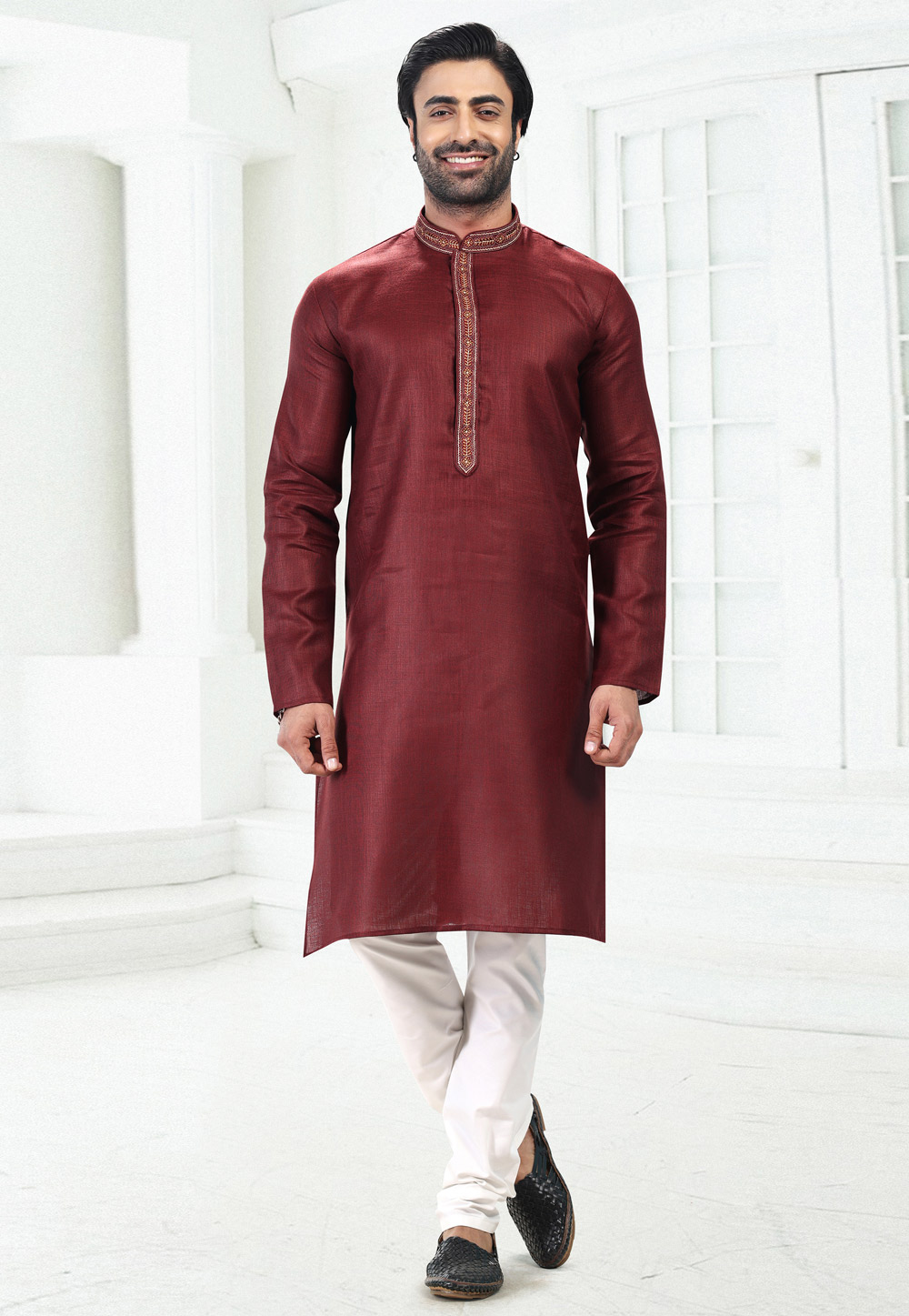Wine Linen Kurta Pajama 258852