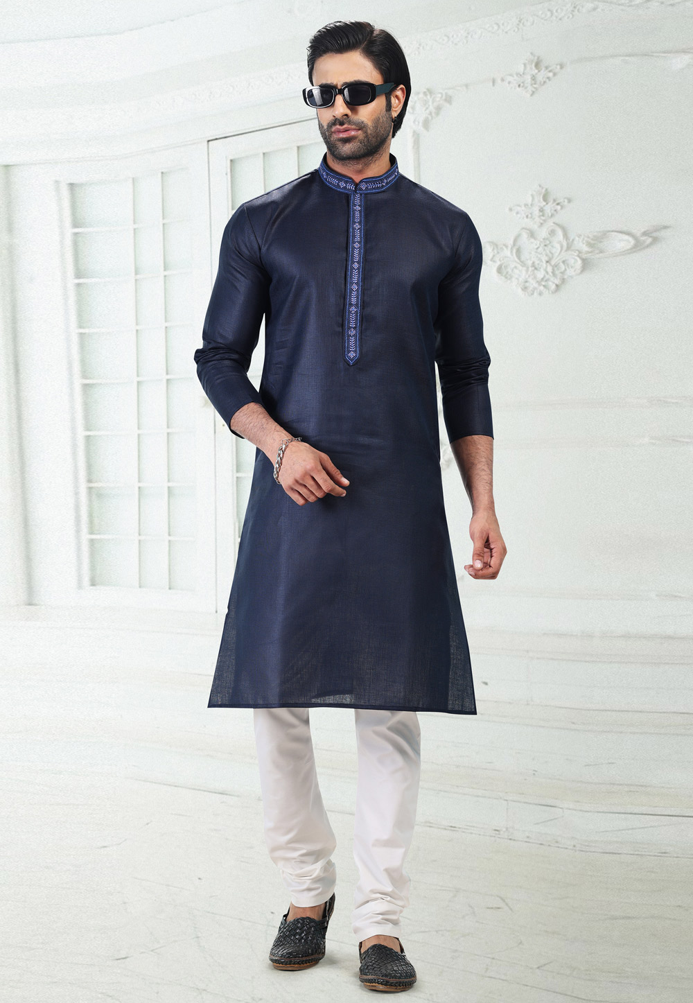 Navy Blue Linen Kurta Pajama 258853
