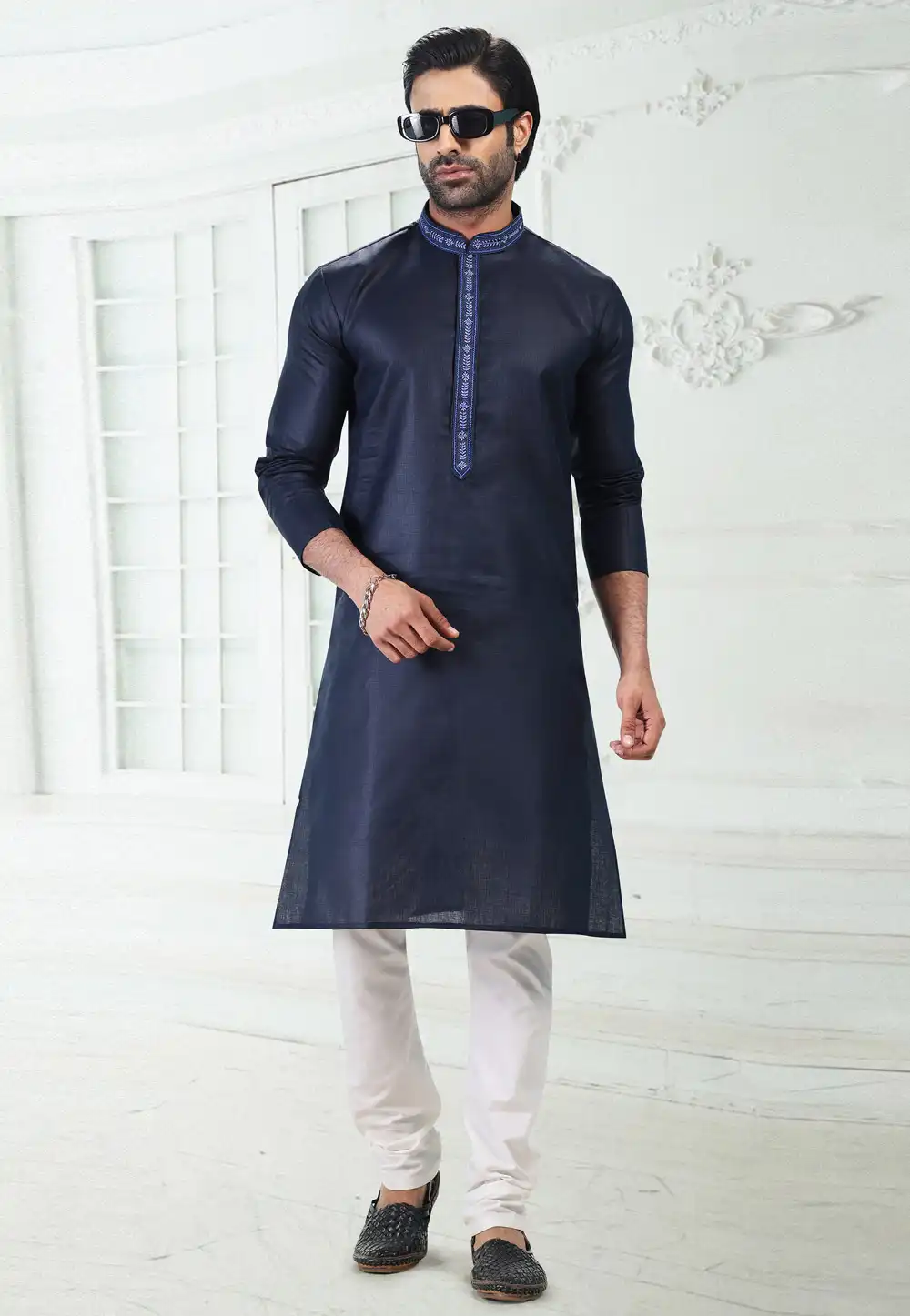 Navy Blue Linen Kurta Pajama 258853