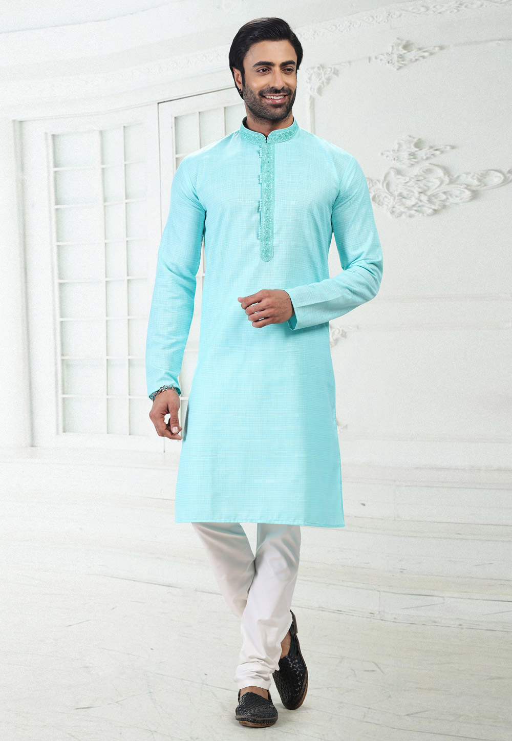 Sky Blue Linen Kurta Pajama 258855
