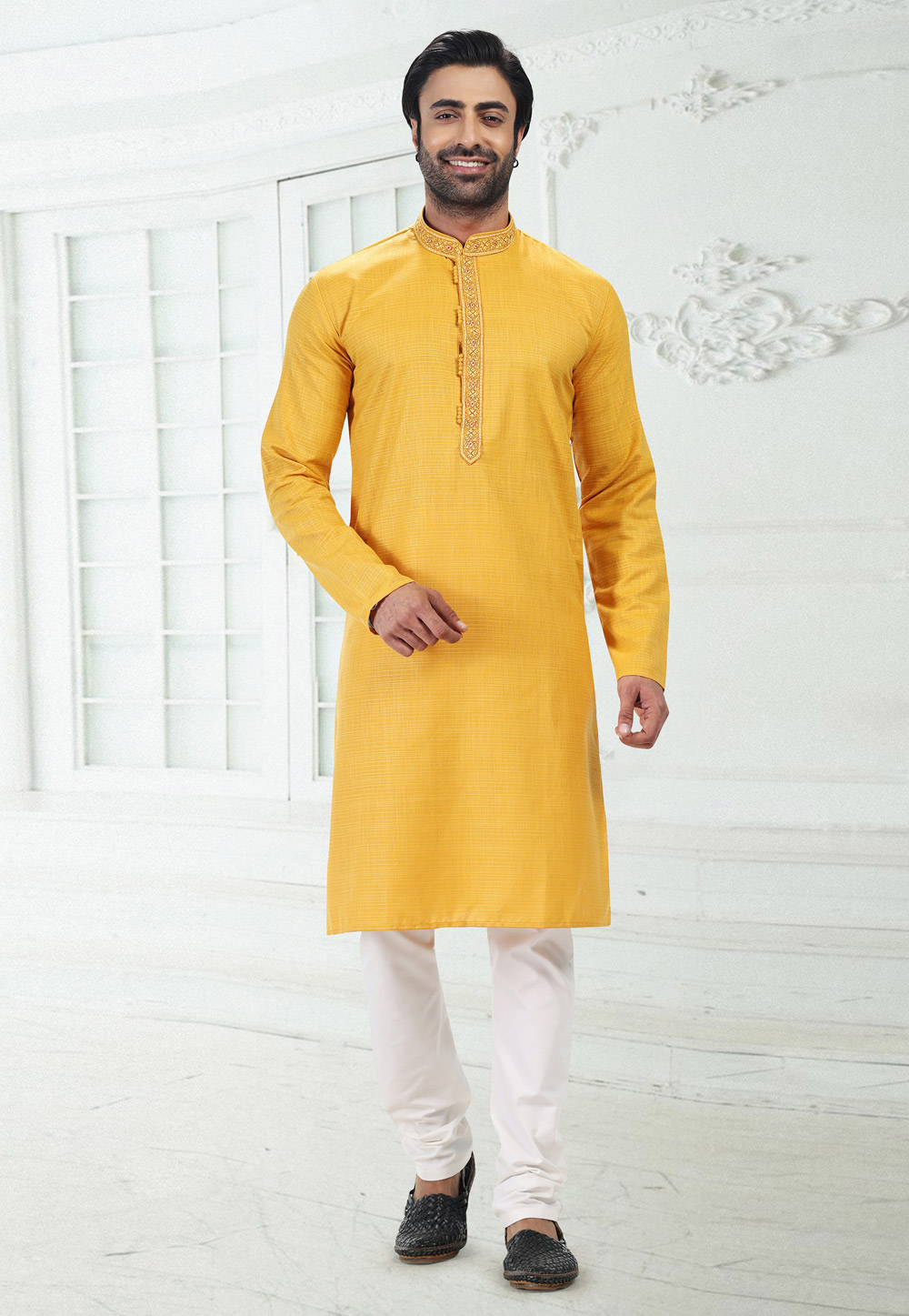 Yellow Linen Kurta Pajama 258857