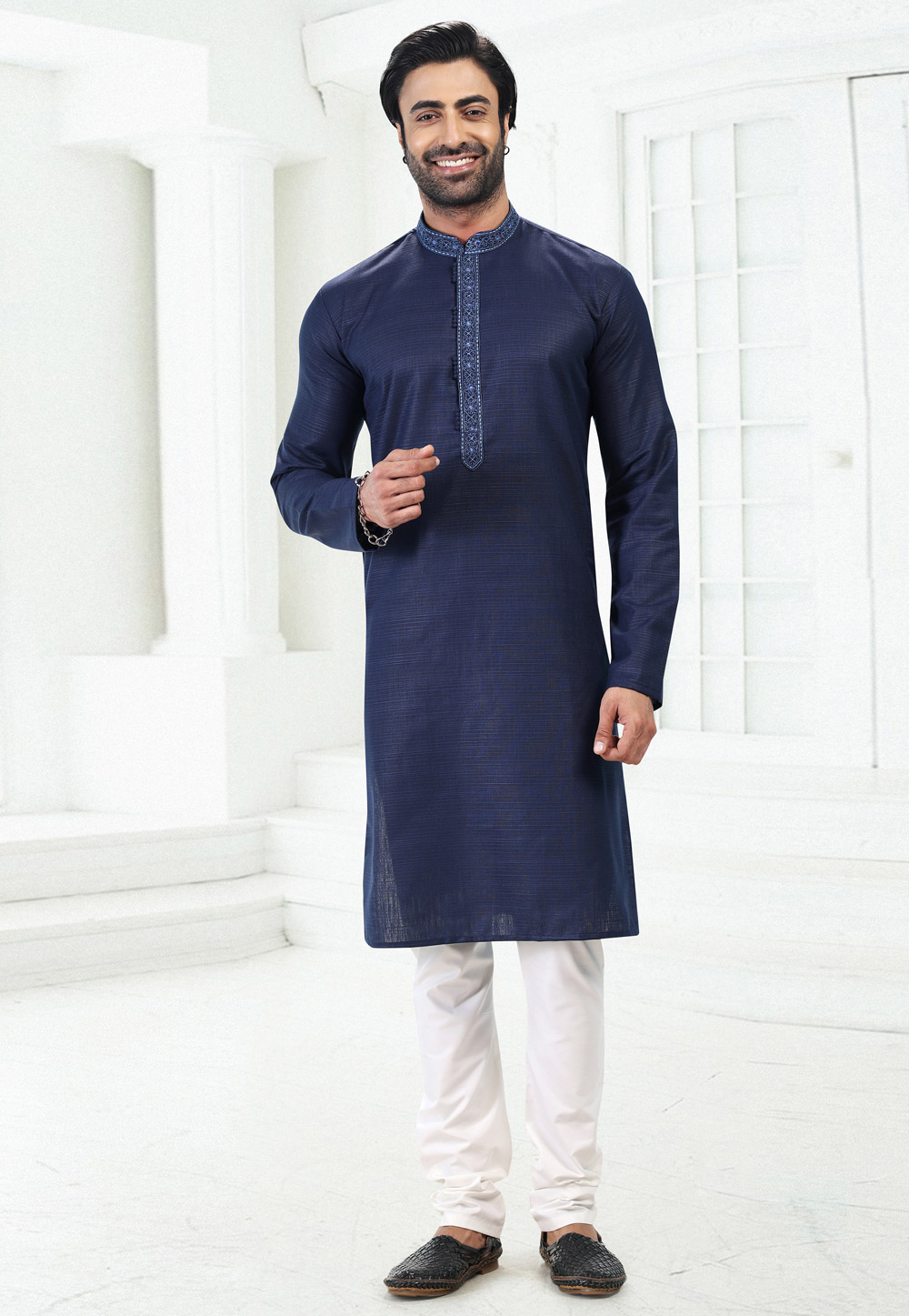 Navy Blue Linen Kurta Pajama 258858