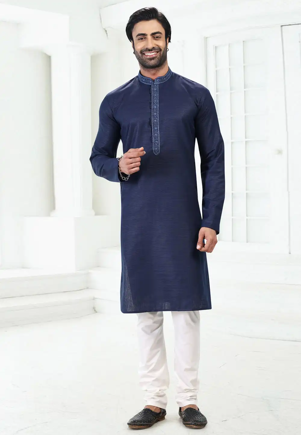 Navy Blue Linen Kurta Pajama 258858