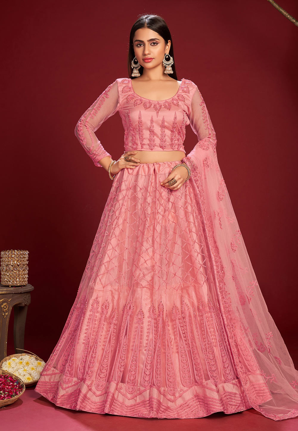 Pink Net Circular Lehenga Choli 250675