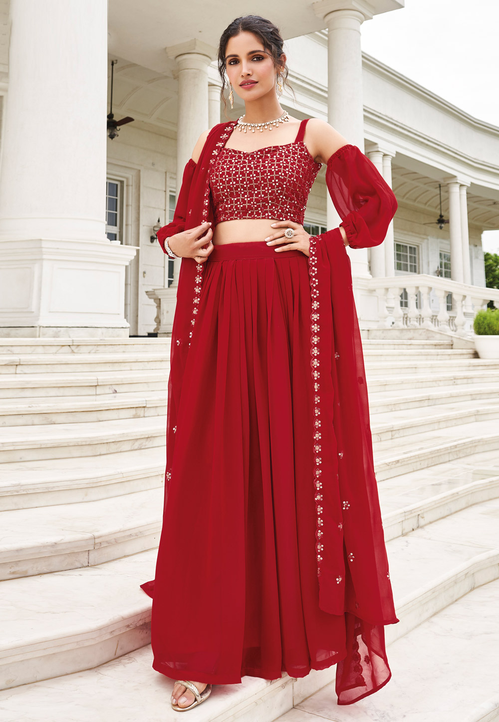 Red Faux Georgette Designer Lehenga Choli Online 272347