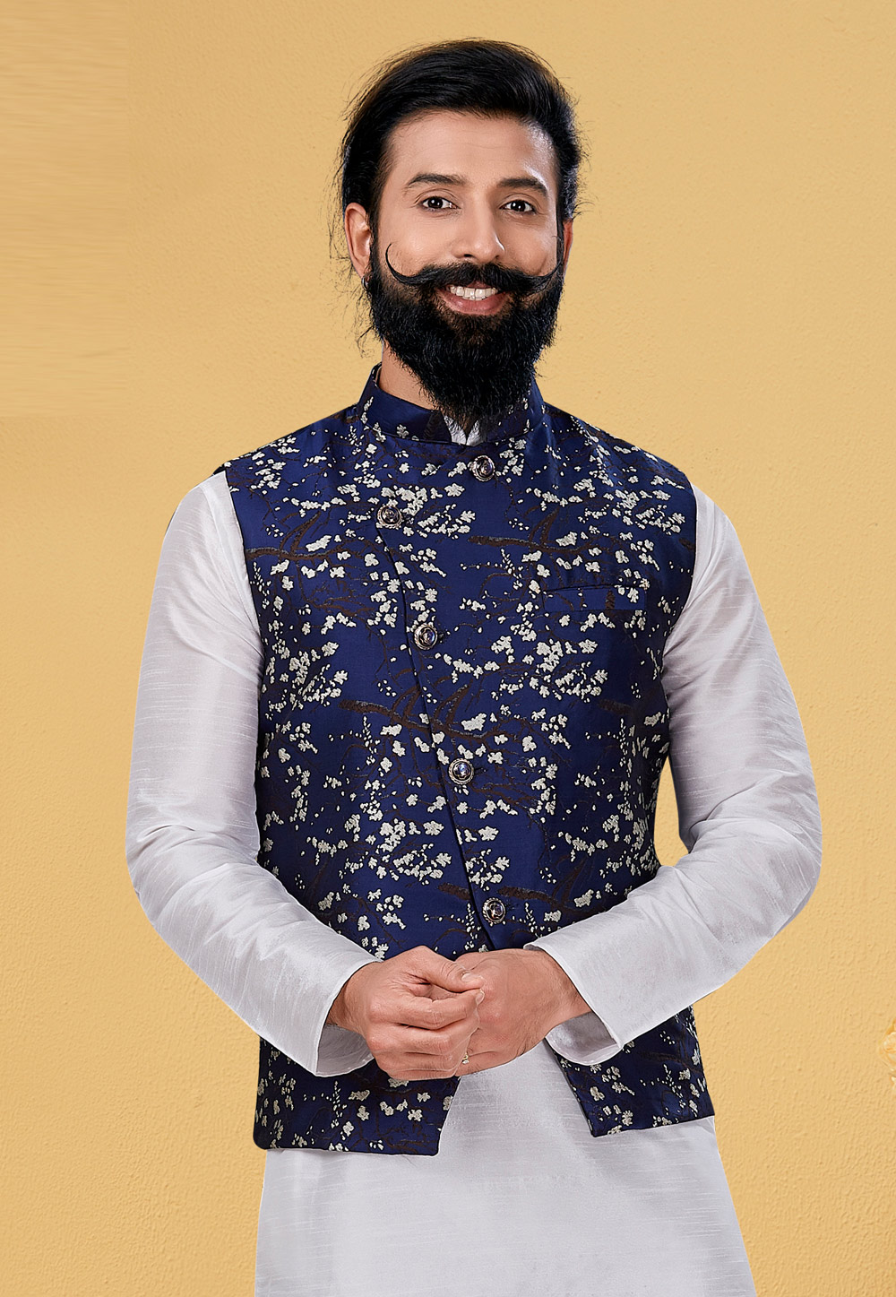 Navy Blue Silk Nehru Jacket 271546