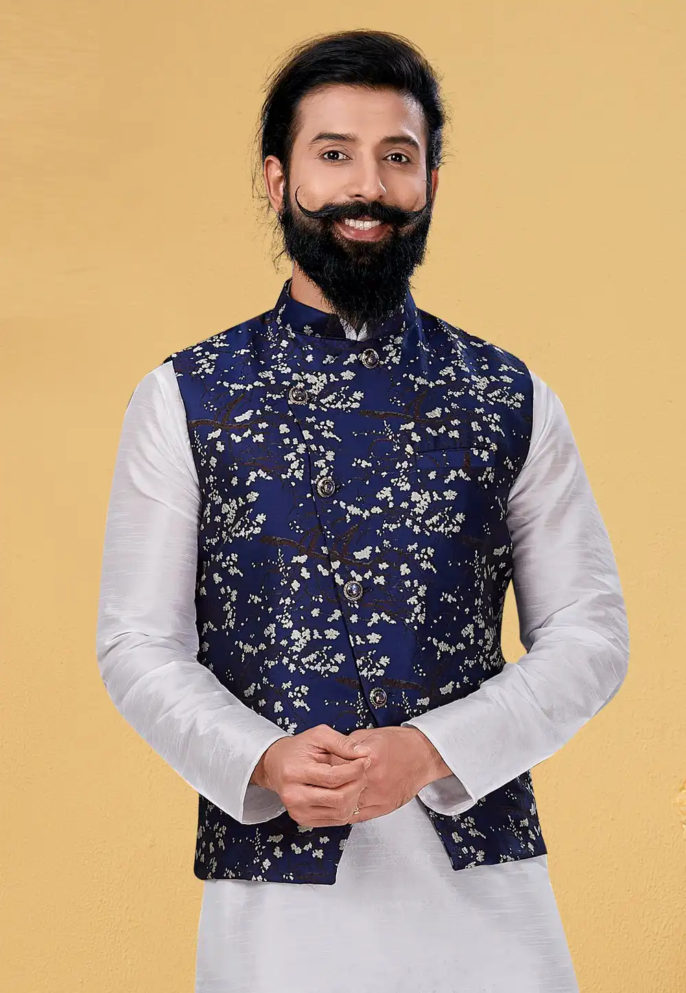 Navy Blue Silk Nehru Jacket 271546