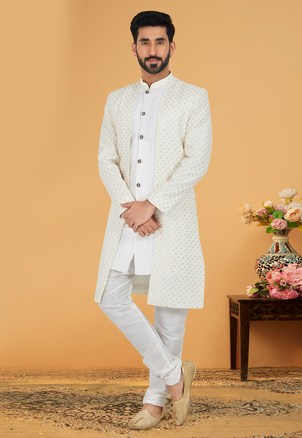 White Georgette Indo Western Suit 259848