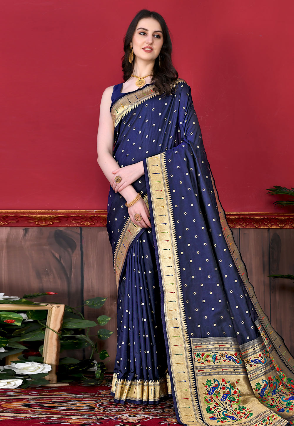 Navy Blue Silk Saree With Blouse 259071