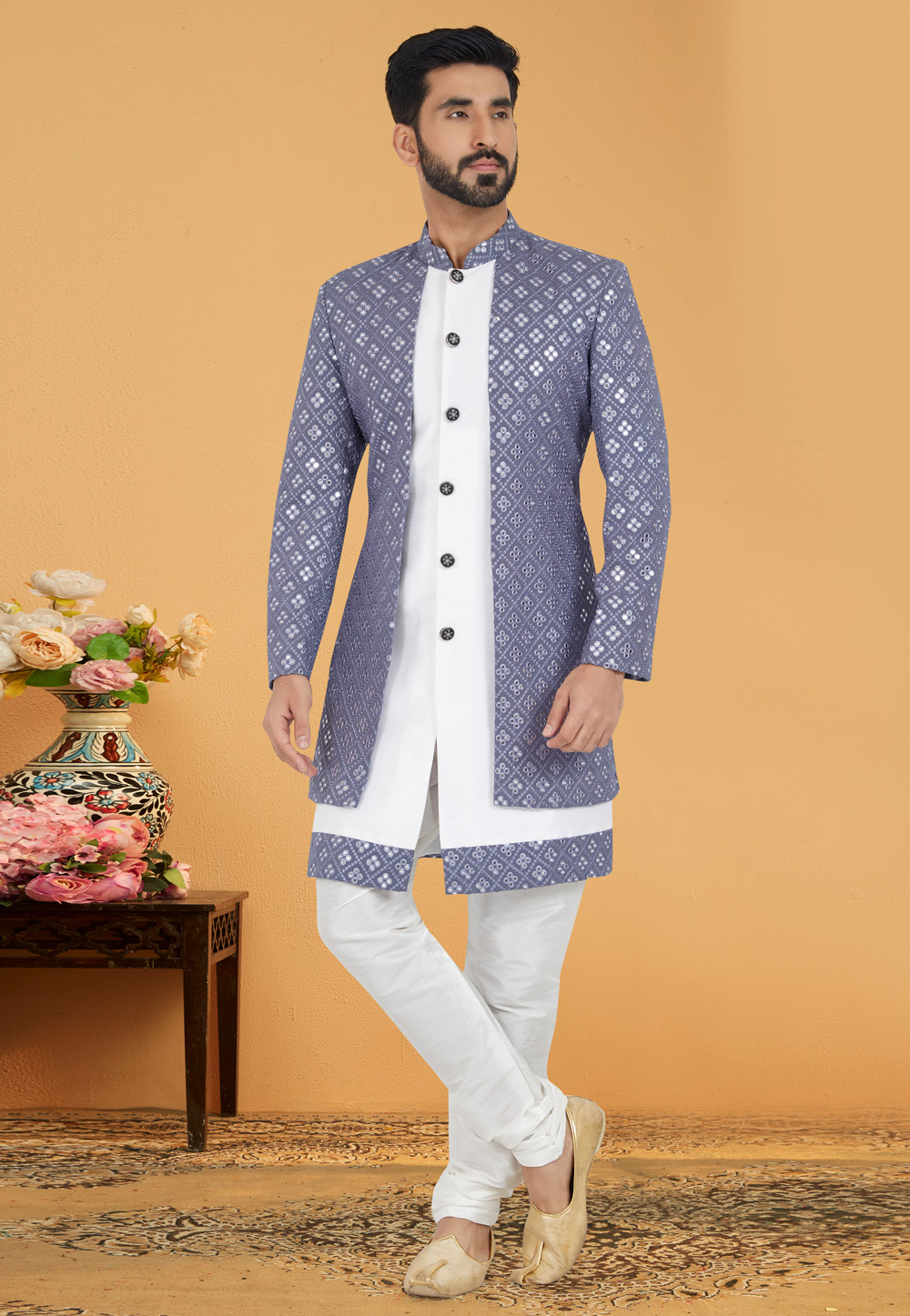 Grey Georgette Indo Western Suit 259850