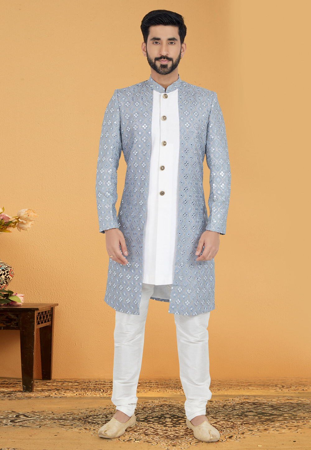 Grey Georgette Indo Western Suit 259851