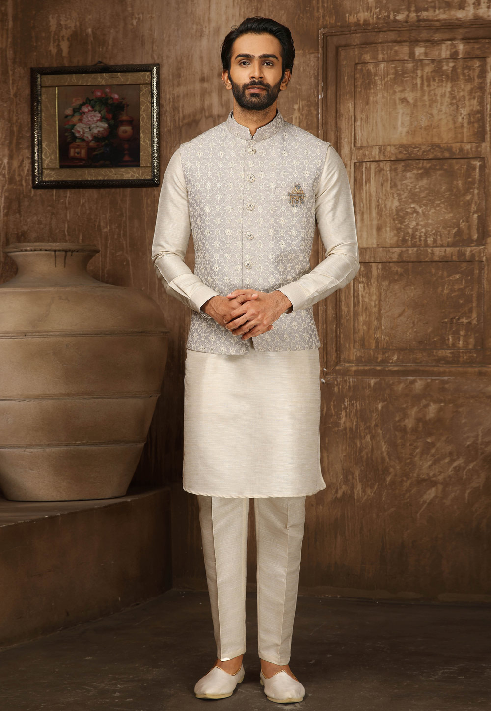 Off White Art Silk Kurta Pajama With Jacket 251970