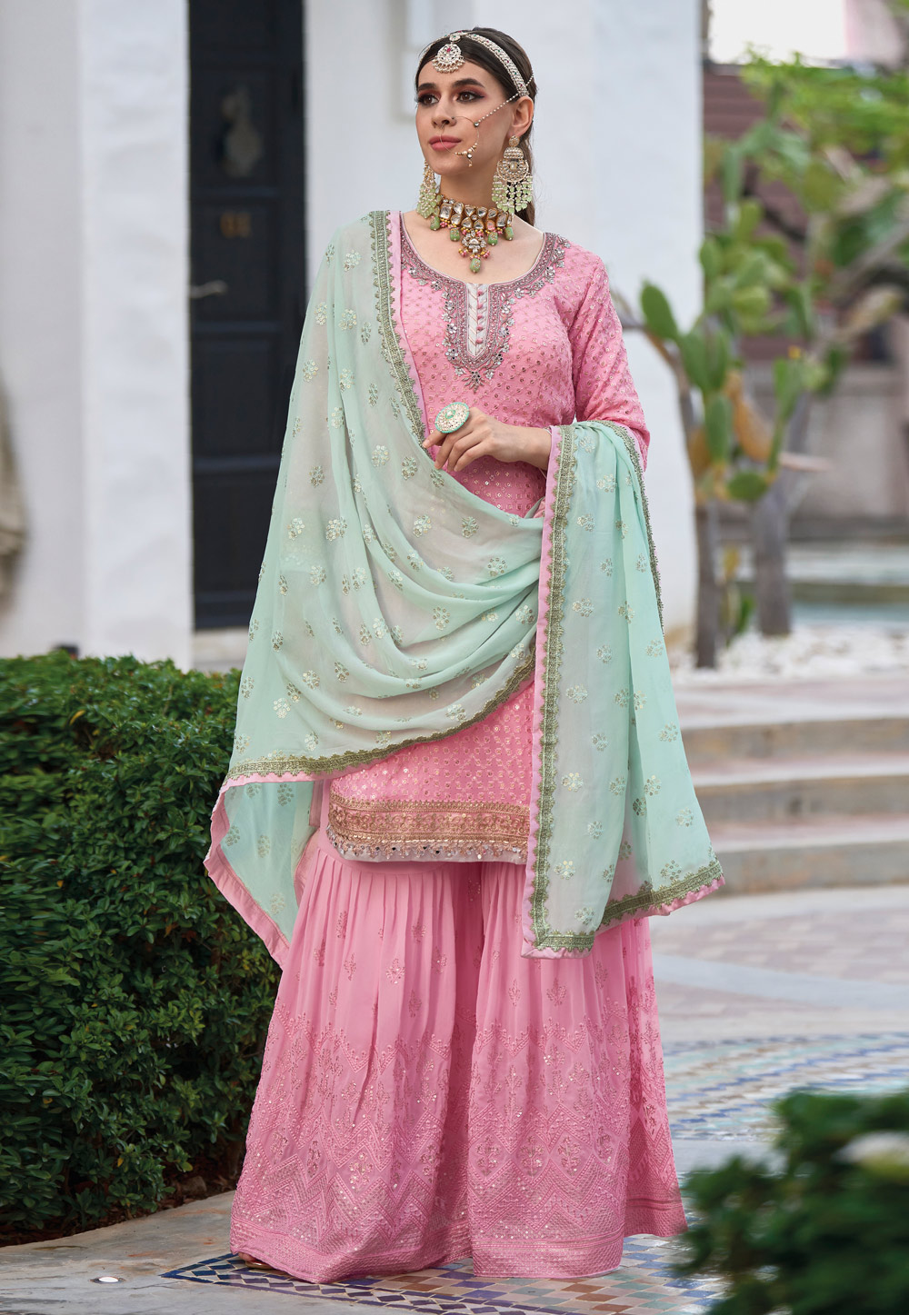 Pink Fox Georgette Sharara Salwar Suit