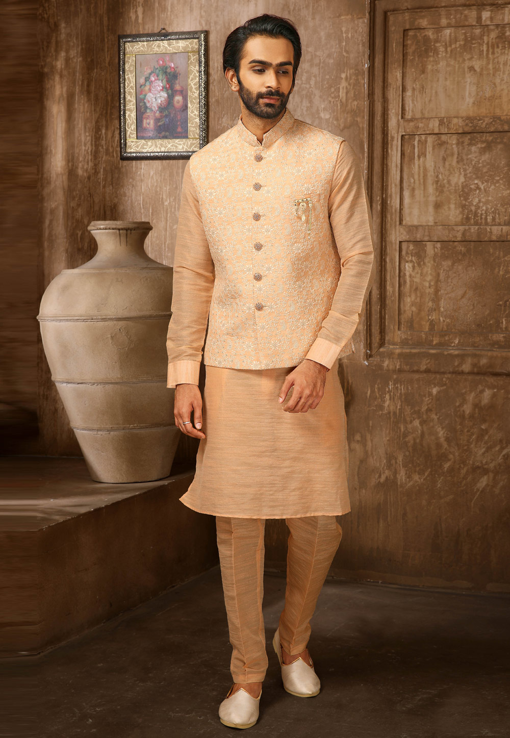 Peach Banarasi Silk Kurta Pajama With Jacket 251973