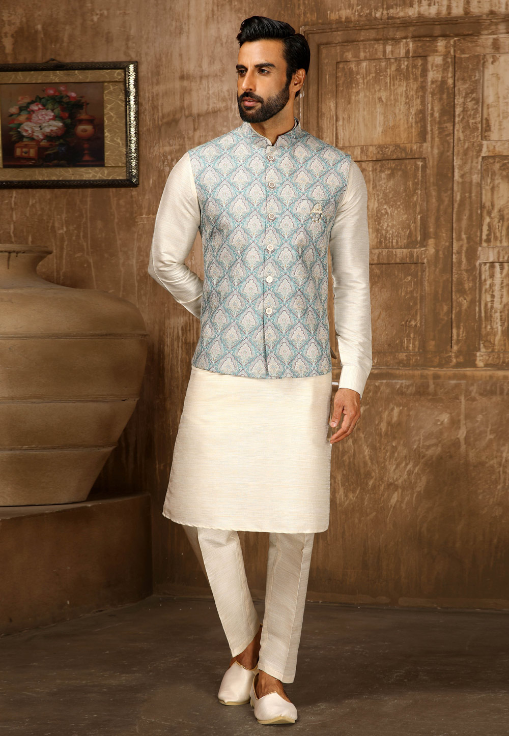 Off White Art Silk Kurta Pajama With Jacket 251974