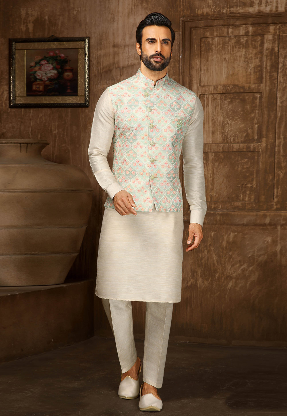 Off White Art Silk Kurta Pajama With Jacket 251978