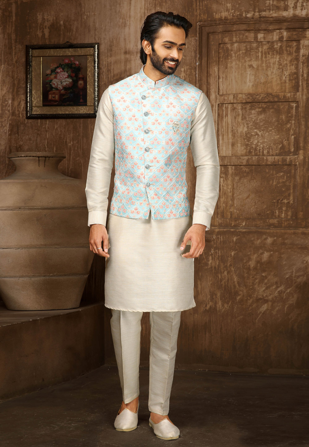 Off White Art Silk Kurta Pajama With Jacket 251979