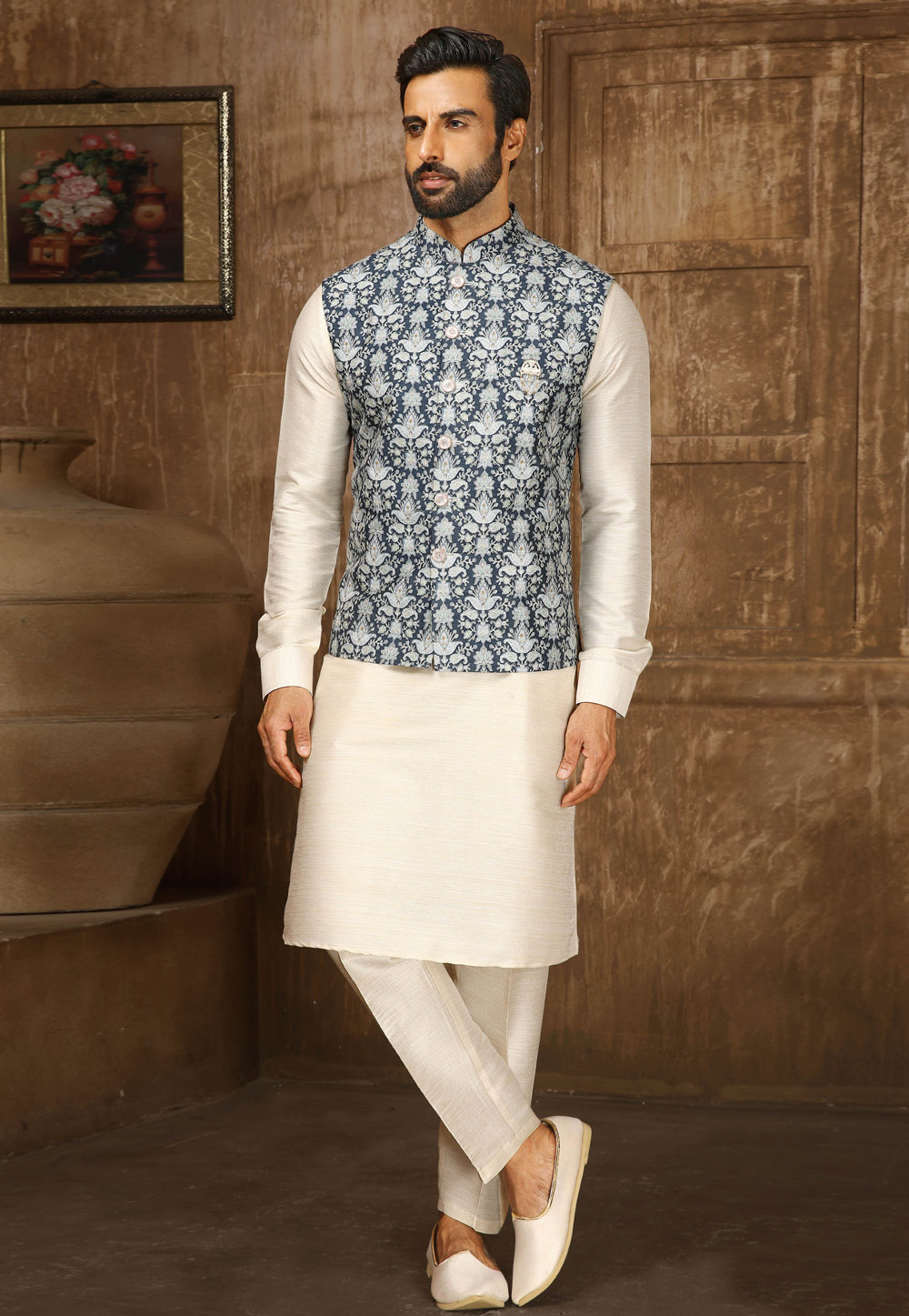 Off White Art Silk Kurta Pajama With Jacket 251980