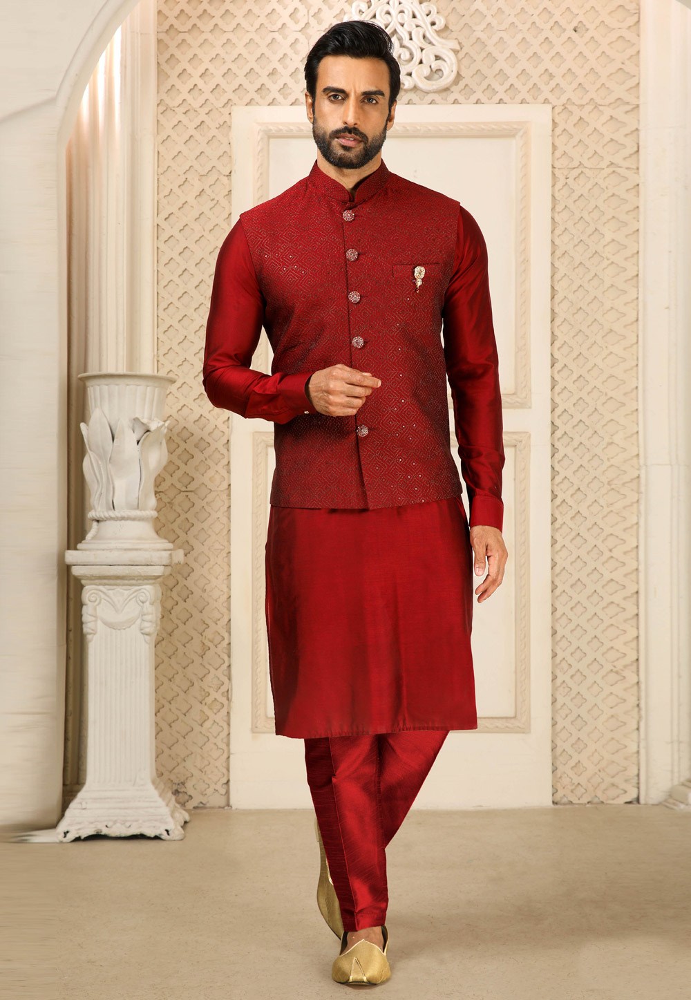 Maroon Banarasi Silk Kurta Pajama With Jacket 251984