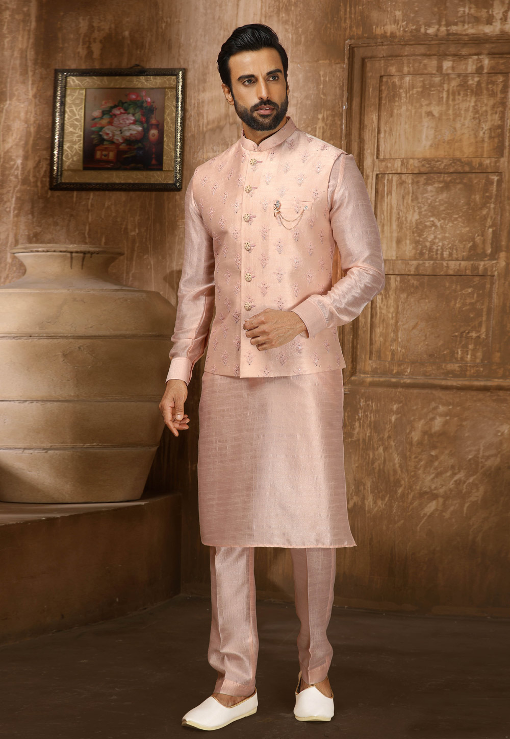 Peach Banarasi Silk Kurta Pajama With Jacket 251989