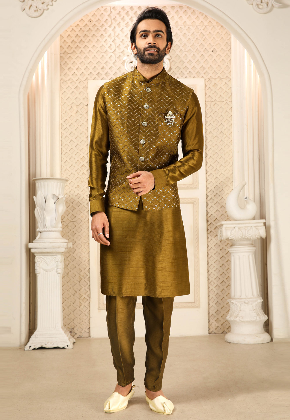 Mustard Banarasi Silk Kurta Pajama With Jacket 251666