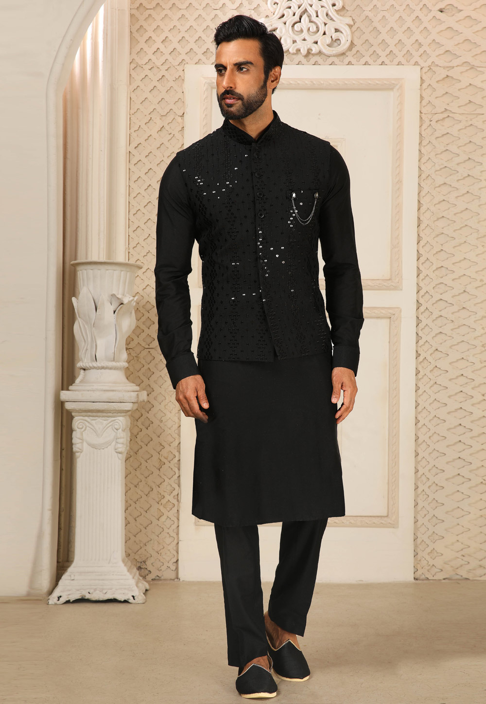 Black Art Silk Kurta Pajama With Jacket 251670